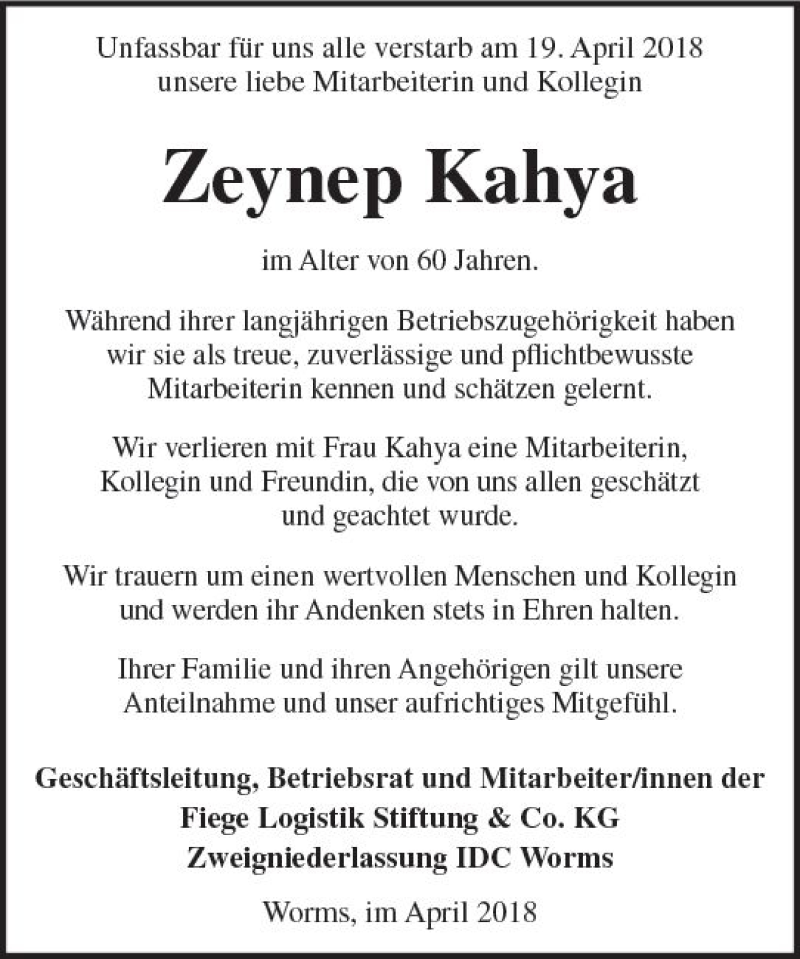  Traueranzeige für Zeynep Kahya vom 28.04.2018 aus Trauerportal Rhein Main Presse