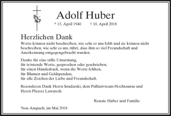 Traueranzeige von Adolf Huber von  Usinger Anzeiger