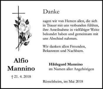 Traueranzeige von Alfio Mannino von Trauerportal Rhein Main Presse