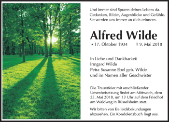 Traueranzeige von Alfred Wilde von Trauerportal Rhein Main Presse