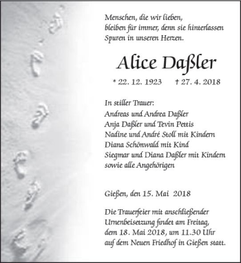 Traueranzeige von Alice Daßler von  Gießener Anzeiger