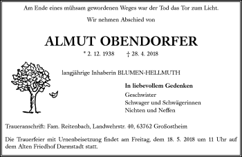 Traueranzeige von Almut Obendorfer von Trauerportal Rhein Main Presse