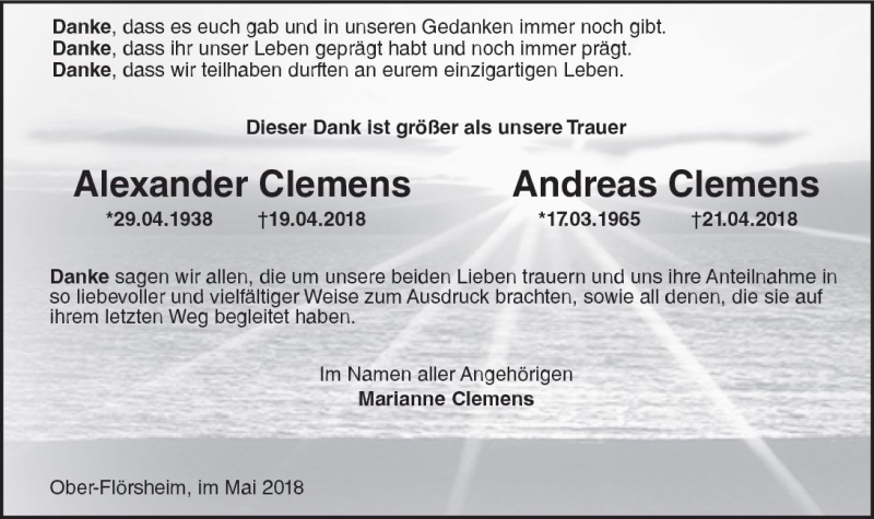  Traueranzeige für Andreas Clemens vom 19.05.2018 aus Trauerportal Rhein Main Presse