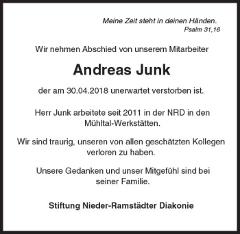 Traueranzeige von Andreas Junk von Trauerportal Rhein Main Presse