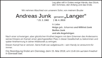 Traueranzeige von Andreas Junk von Trauerportal Rhein Main Presse