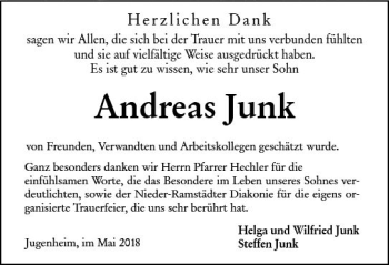 Traueranzeige von Andreas Junk von Trauerportal Rhein Main Presse