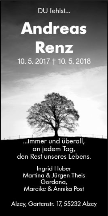 Traueranzeige von Andreas Renz von Trauerportal Rhein Main Presse