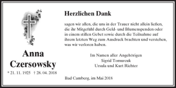 Traueranzeige von Anna Czersowsky von  Camberger Anzeiger