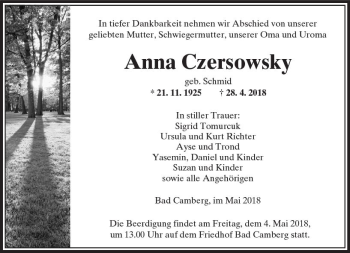 Traueranzeige von Anna Czersowsky von  Camberger Anzeiger