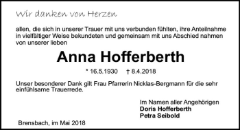 Traueranzeige von Anna Hofferberth von Trauerportal Rhein Main Presse