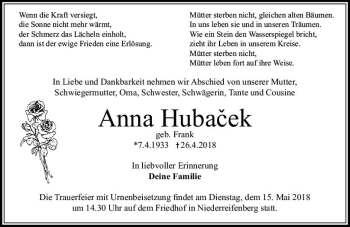 Traueranzeige von Anna Hubacek von  Camberger Anzeiger