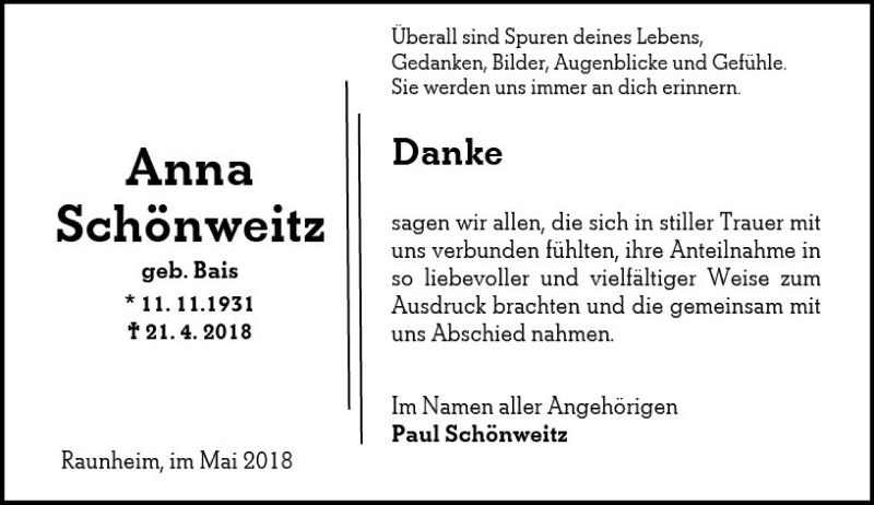  Traueranzeige für Anna Schönweitz vom 05.05.2018 aus Trauerportal Rhein Main Presse