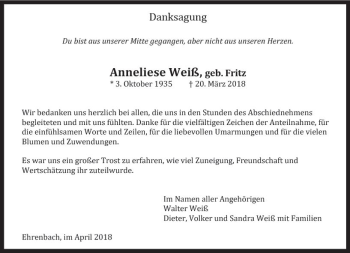Traueranzeige von Anneliese Weiß von Trauerportal Rhein Main Presse