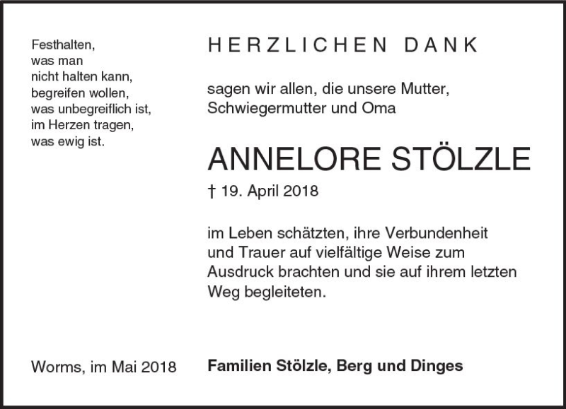  Traueranzeige für Annelore Stölzle vom 19.05.2018 aus Trauerportal Rhein Main Presse