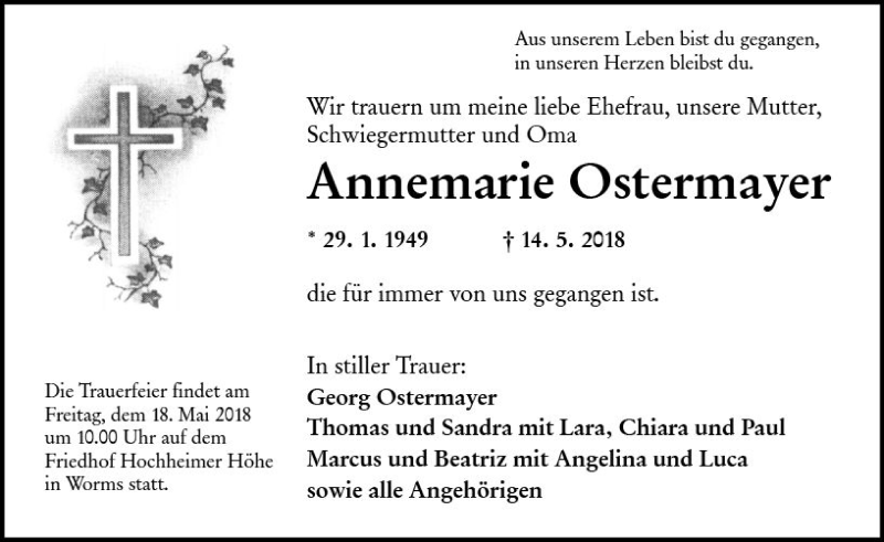  Traueranzeige für Annemarie Ostermayer vom 17.05.2018 aus Trauerportal Rhein Main Presse
