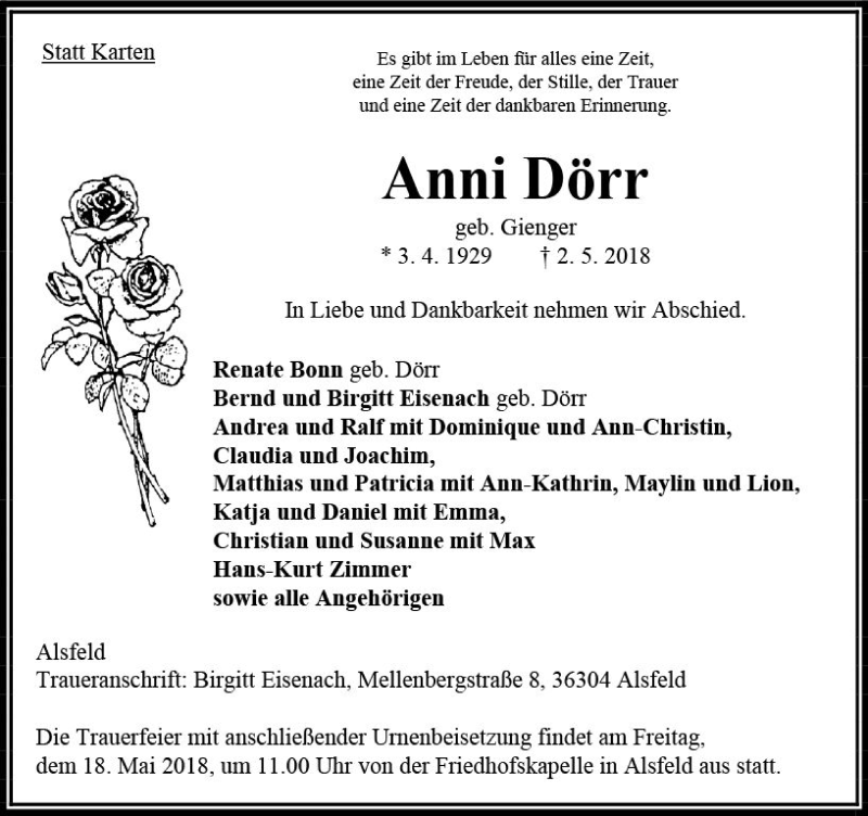 Traueranzeige für Anni Dörr vom 15.05.2018 aus VRM Trauer
