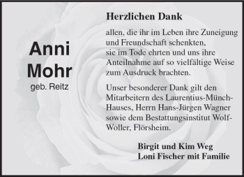 Traueranzeige von Anni Mohr von Trauerportal Rhein Main Presse