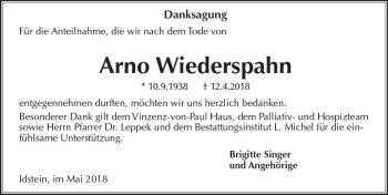 Traueranzeige von Arno Wiederspahn von Trauerportal Rhein Main Presse