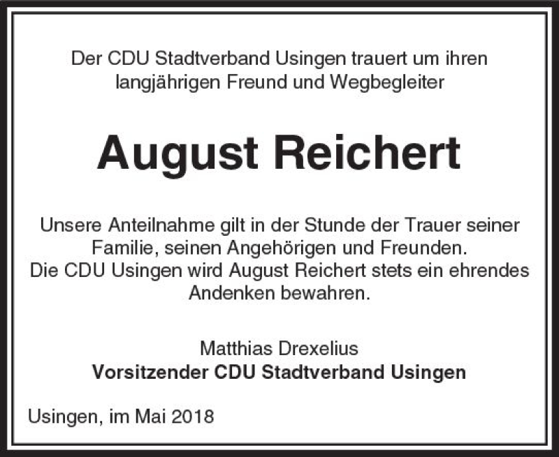  Traueranzeige für August Reichert vom 09.05.2018 aus  Usinger Anzeiger