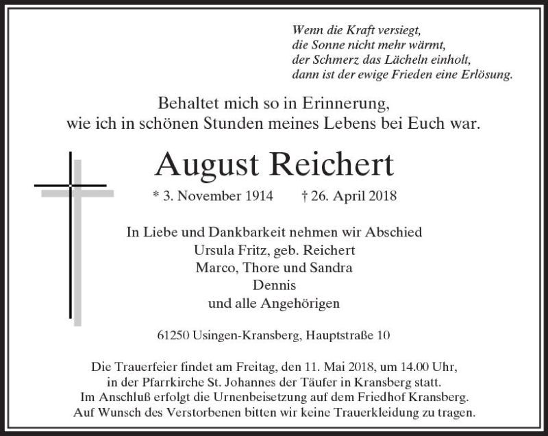  Traueranzeige für August Reichert vom 07.05.2018 aus  Usinger Anzeiger