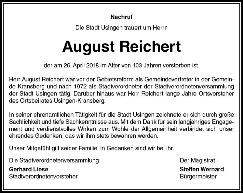  Traueranzeige für August Reichert vom 11.05.2018 aus  Usinger Anzeiger