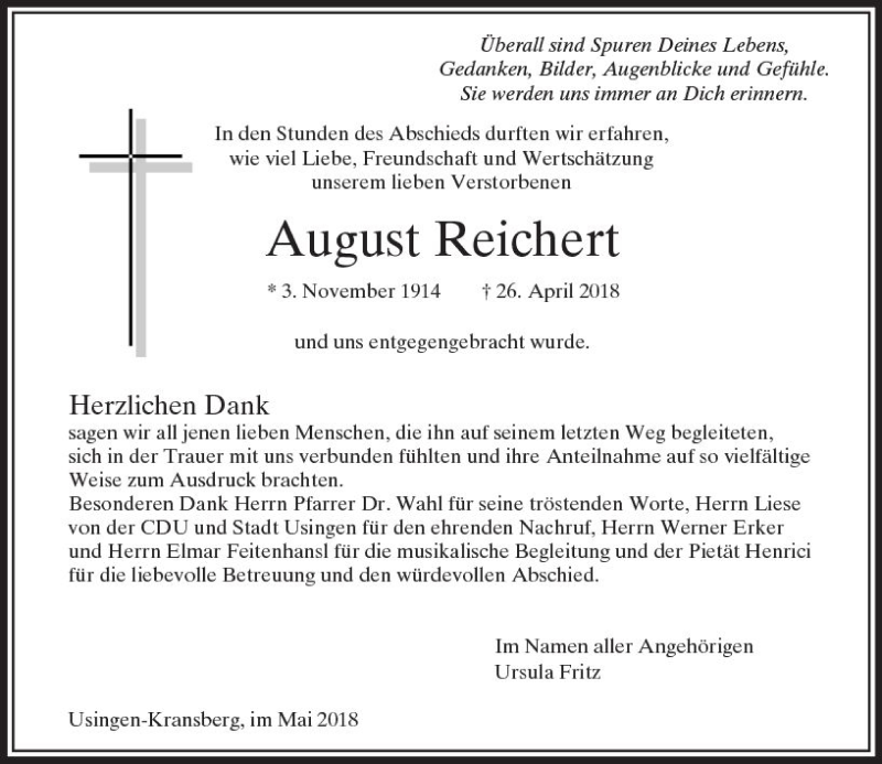  Traueranzeige für August Reichert vom 26.05.2018 aus  Usinger Anzeiger