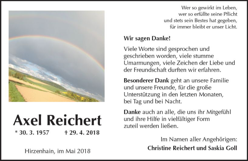  Traueranzeige für Axel Reichert vom 26.05.2018 aus  Kreisanzeiger