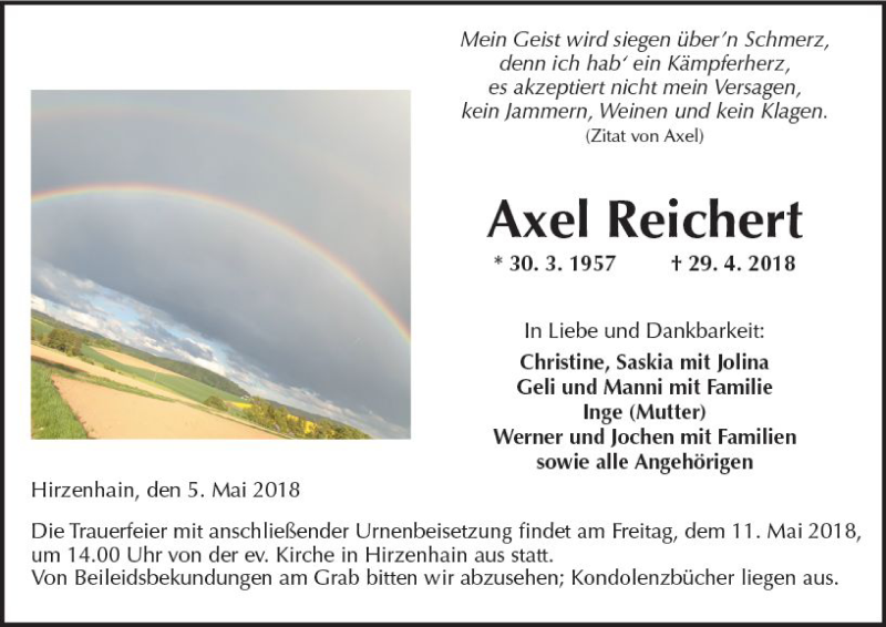  Traueranzeige für Axel Reichert vom 05.05.2018 aus  Kreisanzeiger