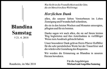 Traueranzeige von Blandina Samstag von Trauerportal Rhein Main Presse