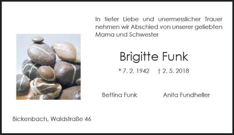  Traueranzeige für Brigitte Funk vom 05.05.2018 aus Trauerportal Rhein Main Presse