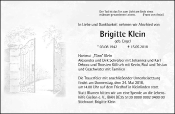 Traueranzeige von Brigitte Klein von  Gießener Anzeiger