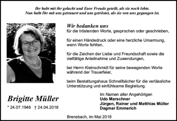 Traueranzeige von Brigitte Müller von Trauerportal Rhein Main Presse