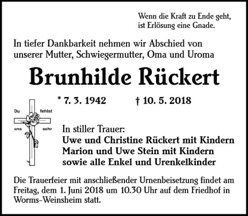 Traueranzeige für Brunhilde Rückert vom 29.05.2018 aus Trauerportal Rhein Main Presse