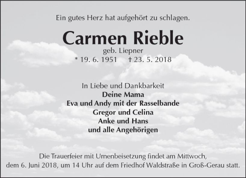  Traueranzeige für Carmen Rieble vom 30.05.2018 aus Trauerportal Rhein Main Presse