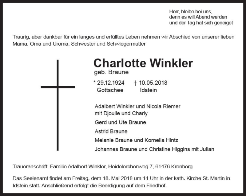  Traueranzeige für Charlotte Winkler vom 16.05.2018 aus Trauerportal Rhein Main Presse