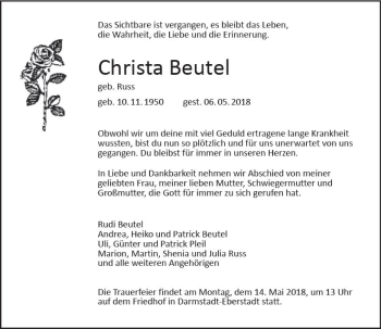 Traueranzeige von Christa Beutel von Trauerportal Rhein Main Presse