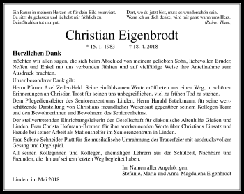 Traueranzeige von Christian Eigenbrodt von  Gießener Anzeiger