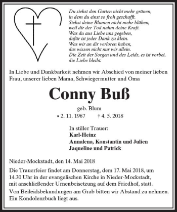 Traueranzeige von Conny Buß von  Kreisanzeiger