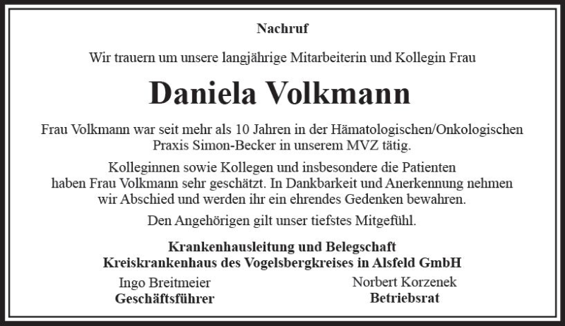  Traueranzeige für Daniela Volkmann vom 05.05.2018 aus VRM Trauer