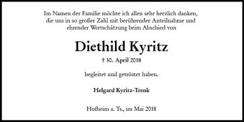 Traueranzeige von Diethild Kyritz von Trauerportal Rhein Main Presse