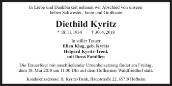 Traueranzeige von Diethild Kyritz von Trauerportal Rhein Main Presse