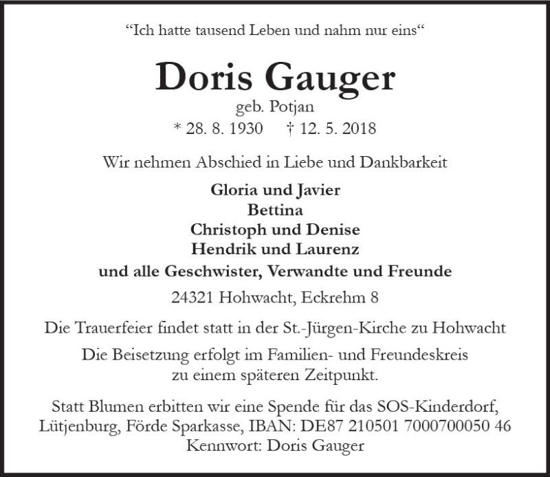  Traueranzeige für Doris Gauger vom 19.05.2018 aus Trauerportal Rhein Main Presse