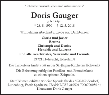 Traueranzeige von Doris Gauger von Trauerportal Rhein Main Presse
