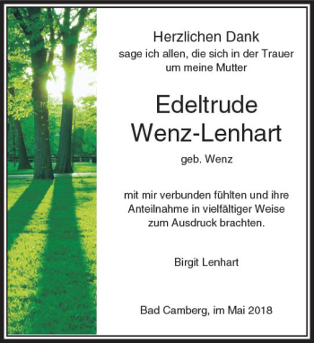 Traueranzeige von Edeltrude Wenz-Lenhart von  Camberger Anzeiger