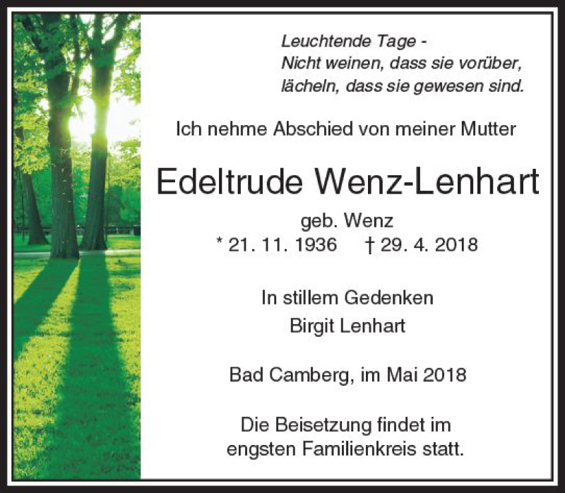  Traueranzeige für Edeltrude Wenz-Lenhart vom 03.05.2018 aus  Camberger Anzeiger