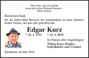 Traueranzeige von Edgar Kurz von Trauerportal Rhein Main Presse