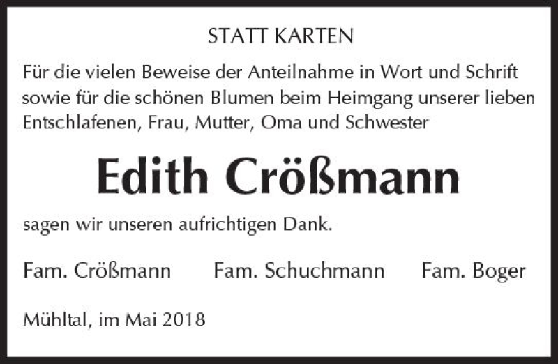  Traueranzeige für Edith Crößmann vom 19.05.2018 aus Trauerportal Rhein Main Presse