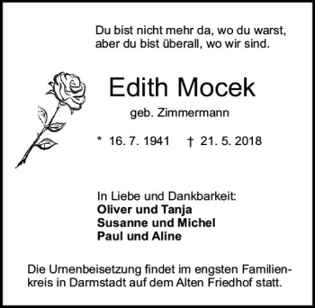 Traueranzeige von Edith Mocek von Trauerportal Rhein Main Presse