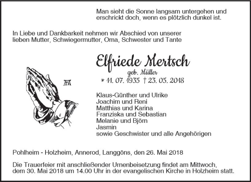  Traueranzeige für Elfriede Mertsch vom 26.05.2018 aus  Gießener Anzeiger