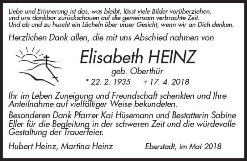  Traueranzeige für Elisabeth Heinz vom 05.05.2018 aus Trauerportal Rhein Main Presse